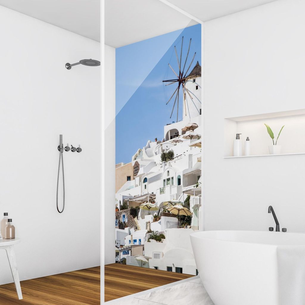 Duschrückwand Stadt selbstklebend - 0.35 mm Wandpaneel wasserfest Architektur weiss Motiv Badrückwand fugenlos Smart matt 110x190 cm