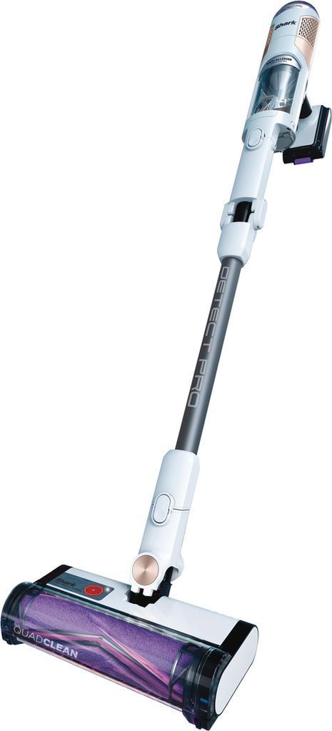 A white cordless vacuum cleaner is shown against a white background.