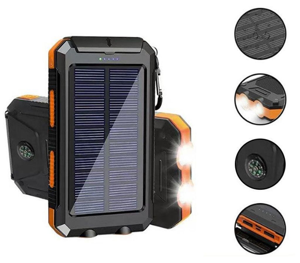Solar Powerbank 10000mAh mit USB-C, LED Taschenlampe & Kompass, IP65 wasserdicht, 2 USB Ausgänge, für Camping & Outdoor Notfall