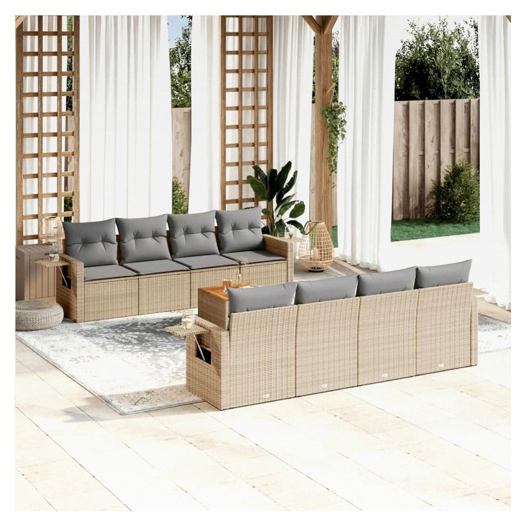 Gartenmöbel-Set mit Kissen, Beige, 9-teiliges Rattan-Set für den Außenbereich