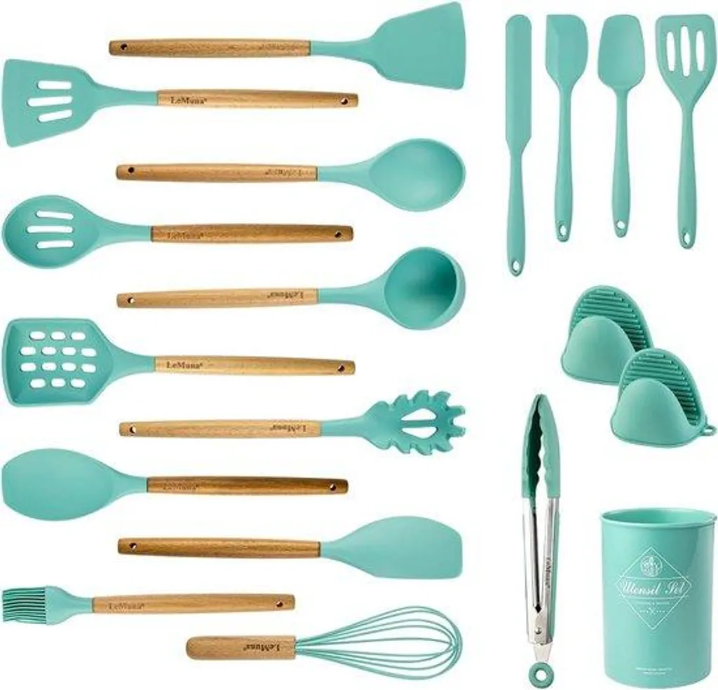 Set d'ustensiles de cuisine 18 pièces en silicone bleu et bois naturel