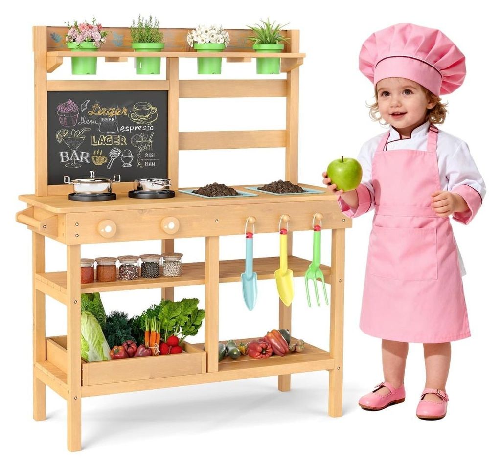 Matschküche für Kinder mit Kreidetafel, Wasserhahn und Pflanzgefäßen