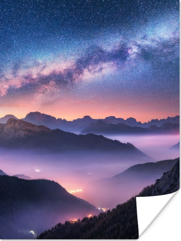 MuchoWow Poster Berge - Sternenhimmel - Nebel 30x40 cm - Wandplakat - Poster Kinderzimmer