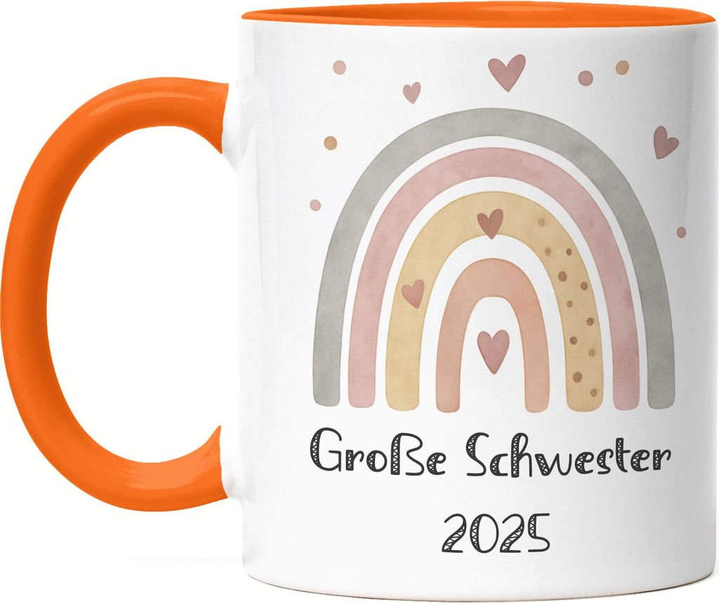 Große Schwester 2025 Boho Regenbogen Motiv Tasse Orange Geschenk Herz Pastell Vintage Familie Geschwister
