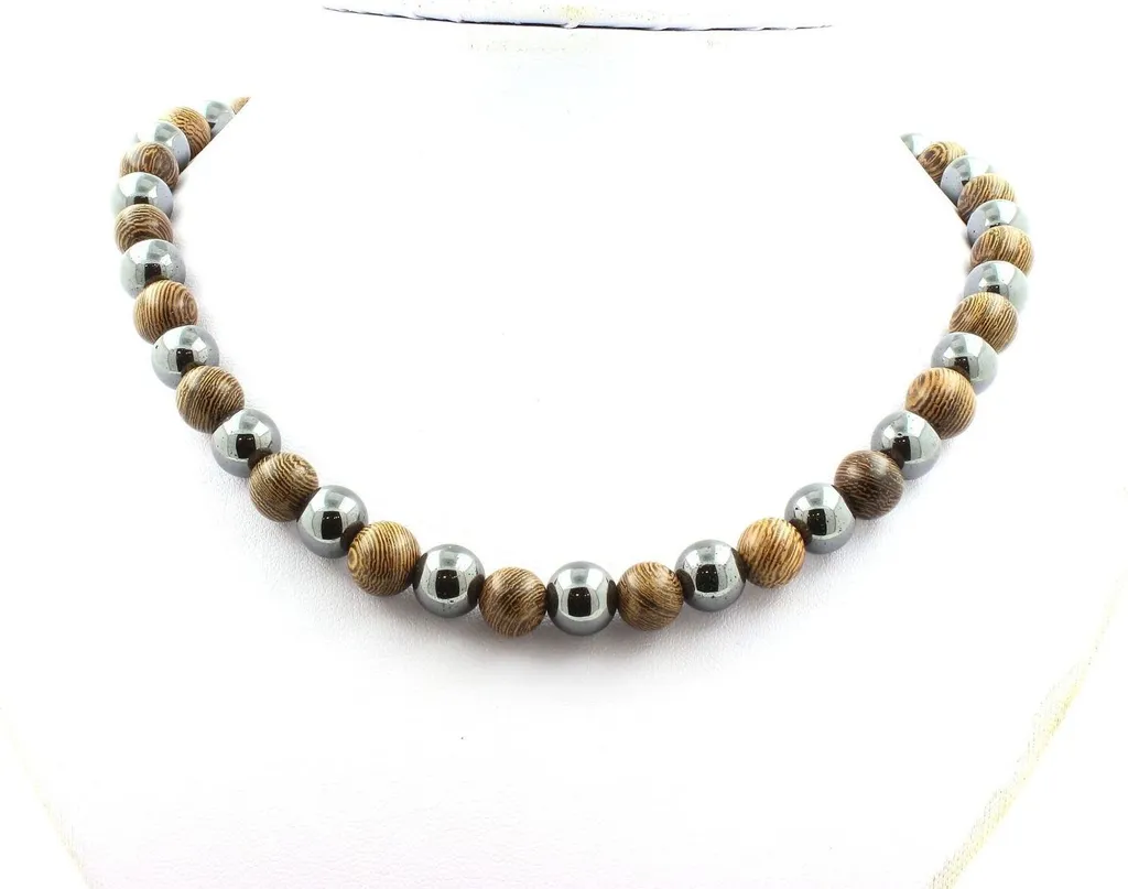 Collier anti-stress Hématite et bois 10 mm - Retrouvez calme et énergie
