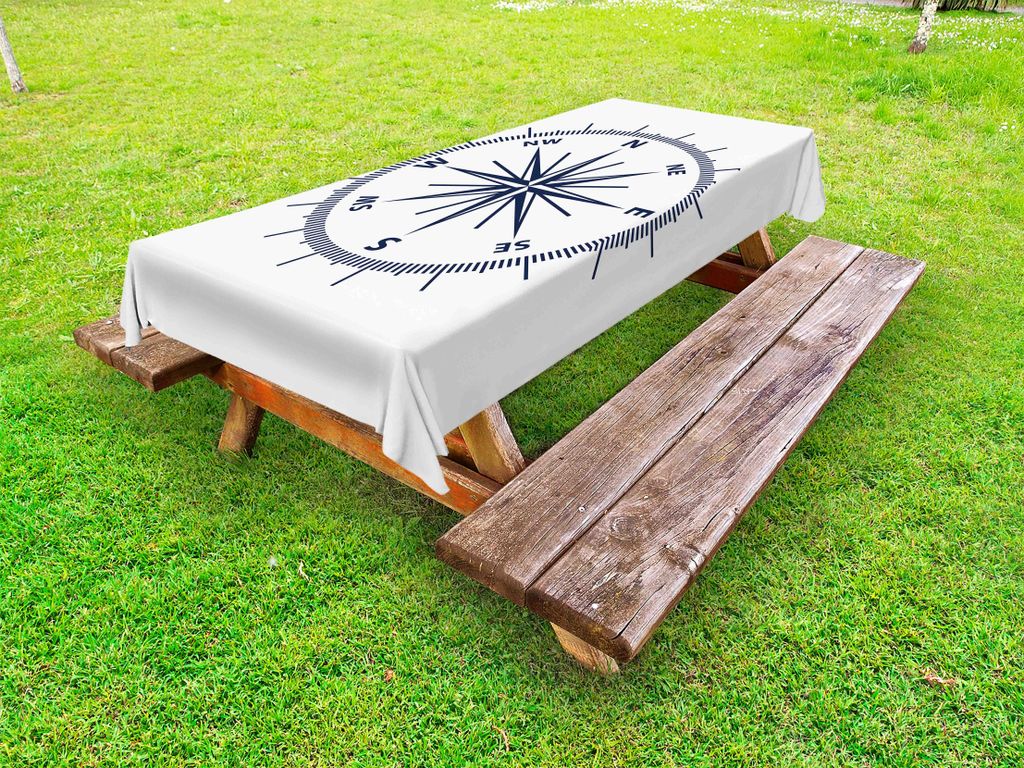 ABAKUHAUS maritim Tischdecke Outdoor, Monochromatische Entwurf von Windrose Kompass Abenteuer einfache grafische Drucken, Marineblau Weiß, 145x305cm