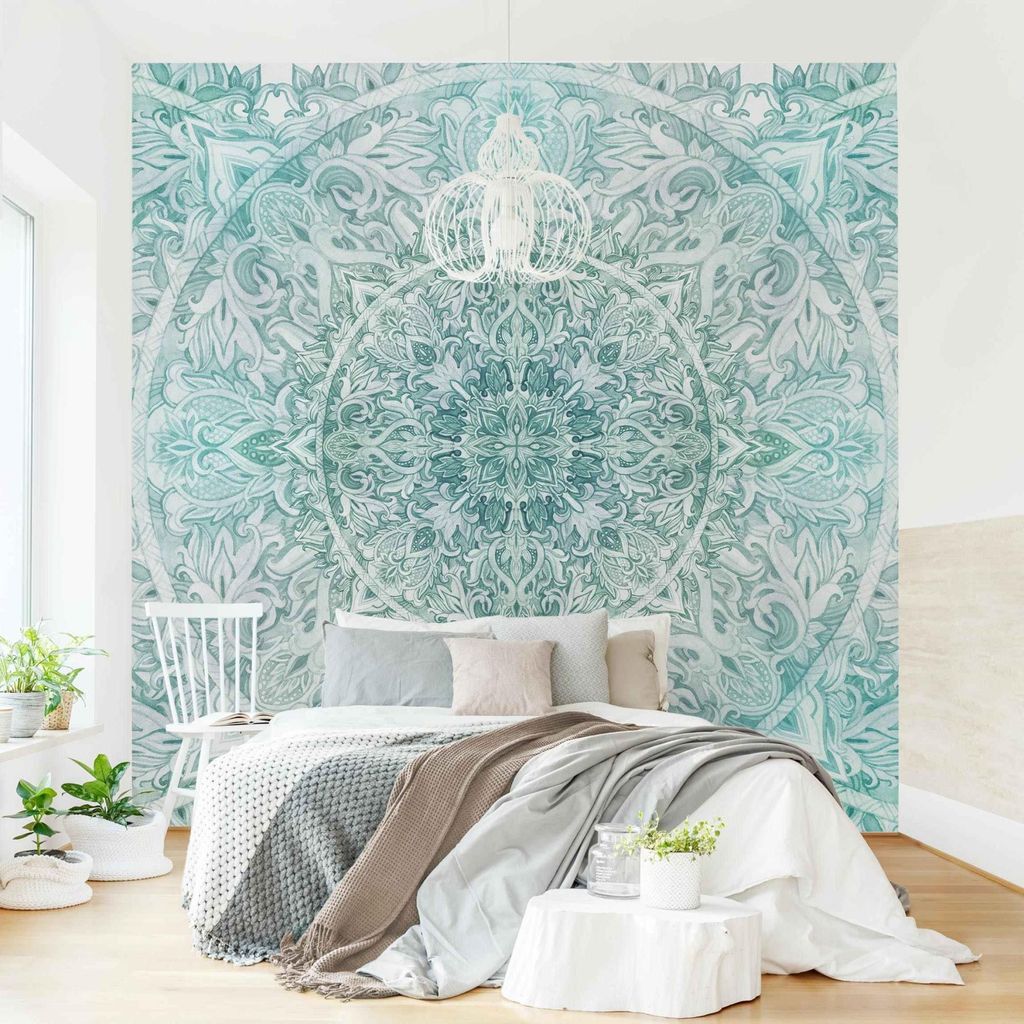 Fototapete Spirituell - Vliestapete - Bildtapete UV-beständig Ornament türkis Aquarell Wandtapete geruchsfrei