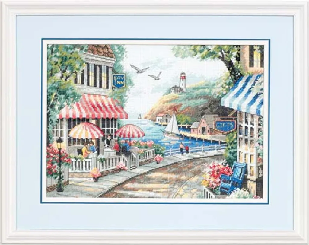 Dimensioni del set per punto croce "Caffè in riva al mare", schema contato, 35,5x25,4cm