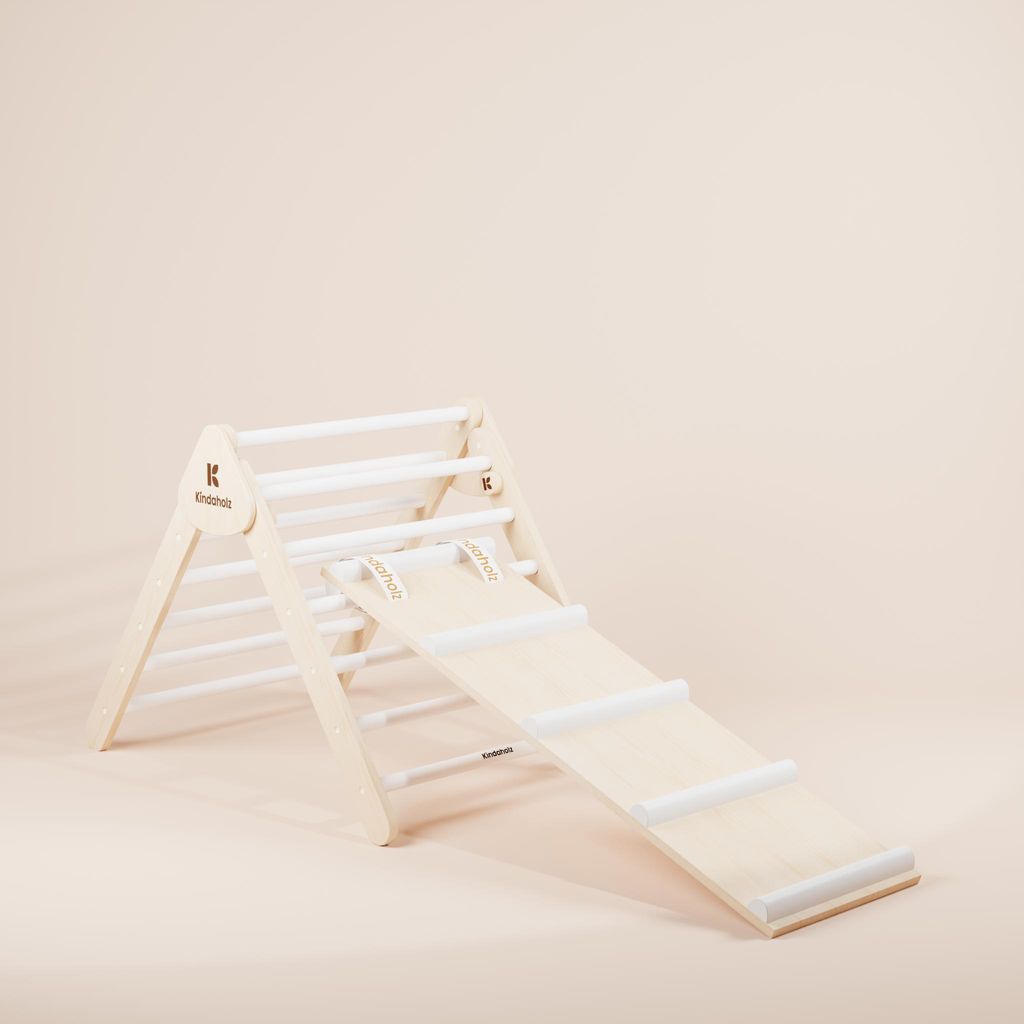 KINDAHOLZ 5in1 Pikler Kletterdreieck mit vielseitiger 2-in-1 Rutsche & Sicherheitsbändern, Indoor Klettergerüst Spielplatz Set für Kinder ab 1 Jahr