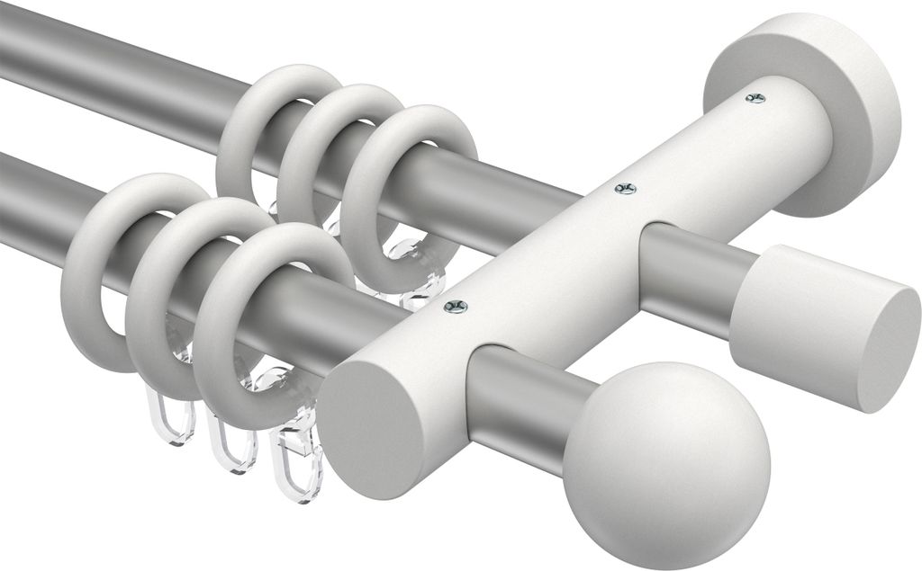 Interdeco Gardinenstange / Vorhangstange Silbergrau / Weiß, Typ Talena Luina (Kugel), 20 mm Ø 2-läufig, 240 cm