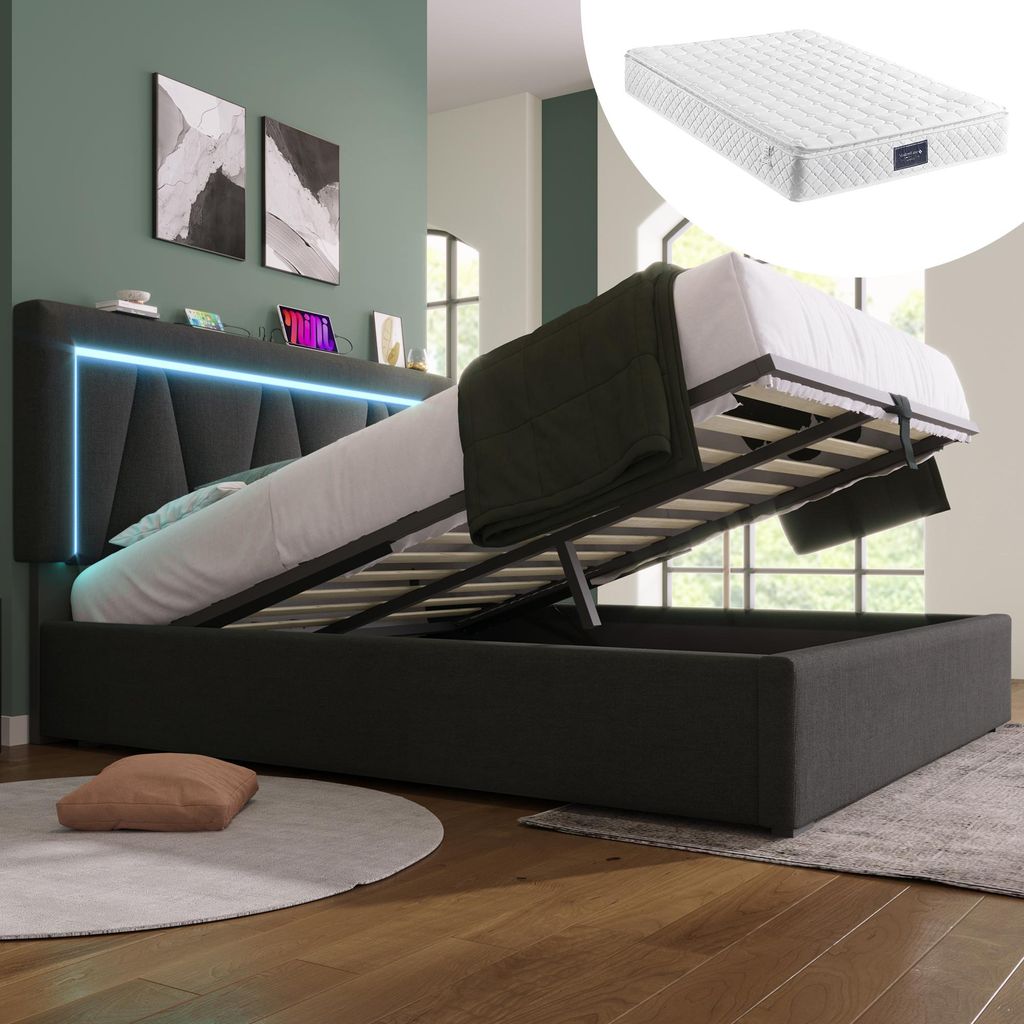 Polsterbett 160x200 cm mit LED, USB C Ladefunktion & Matratze, Stauraumbett aus Leinen-Optik Bettgestell mit Lattenrost, Höhenverstellbares Kopfte...