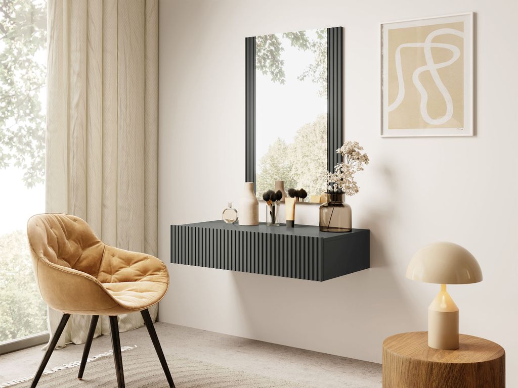 MIRJAN24 Schminktisch Vamos Grey mit Schublade, Hängeschrank und Spiegel, Fronten gefräst (Farbe: Anthrazit)