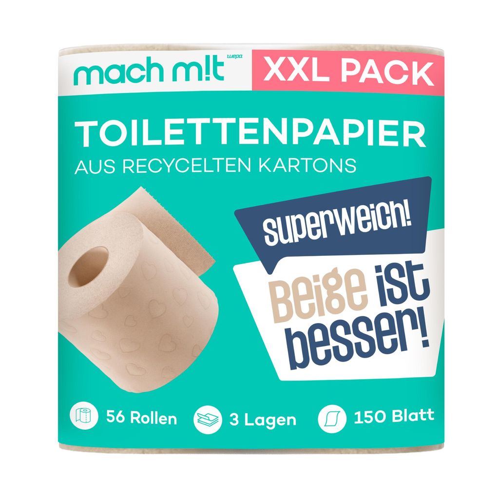 mach m!t PURE Toilettenpapier - Vorrats-Spar-Packung mit 56 Rollen - extra weich mit 3 Lagen - frei von Bleichmittel - aus recyceltem Karton