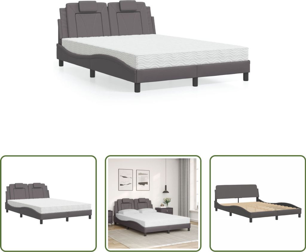 The Living Store Bett mit Matratze Grau 140x200 cm Kunstleder