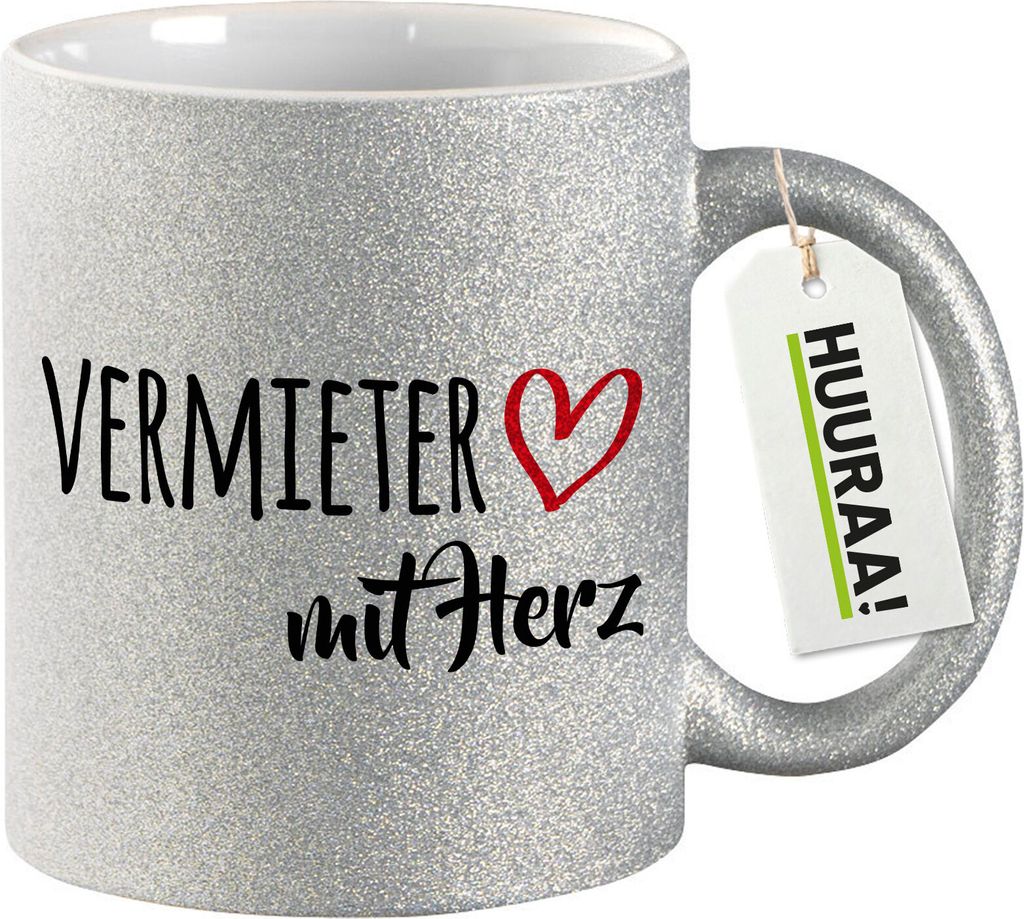 Huuraa Glitzertasse Vermieter mit Herz 330ml Silber Keramik Produktbild 