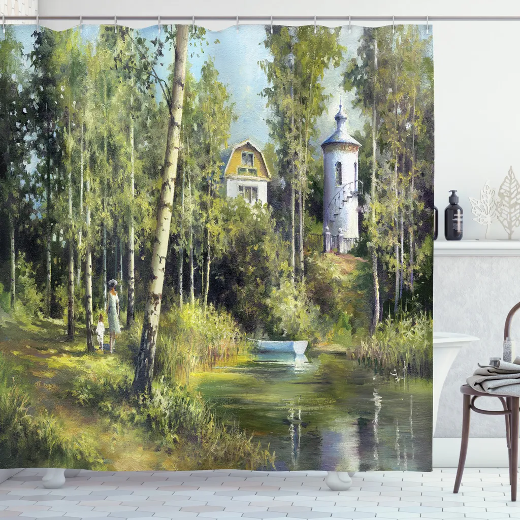 Avezano Tenda Da Doccia 3D Con Paesaggio Foresta E Cascata - 180x180 Cm, Impermeabile, Con 12 Ganci - 4