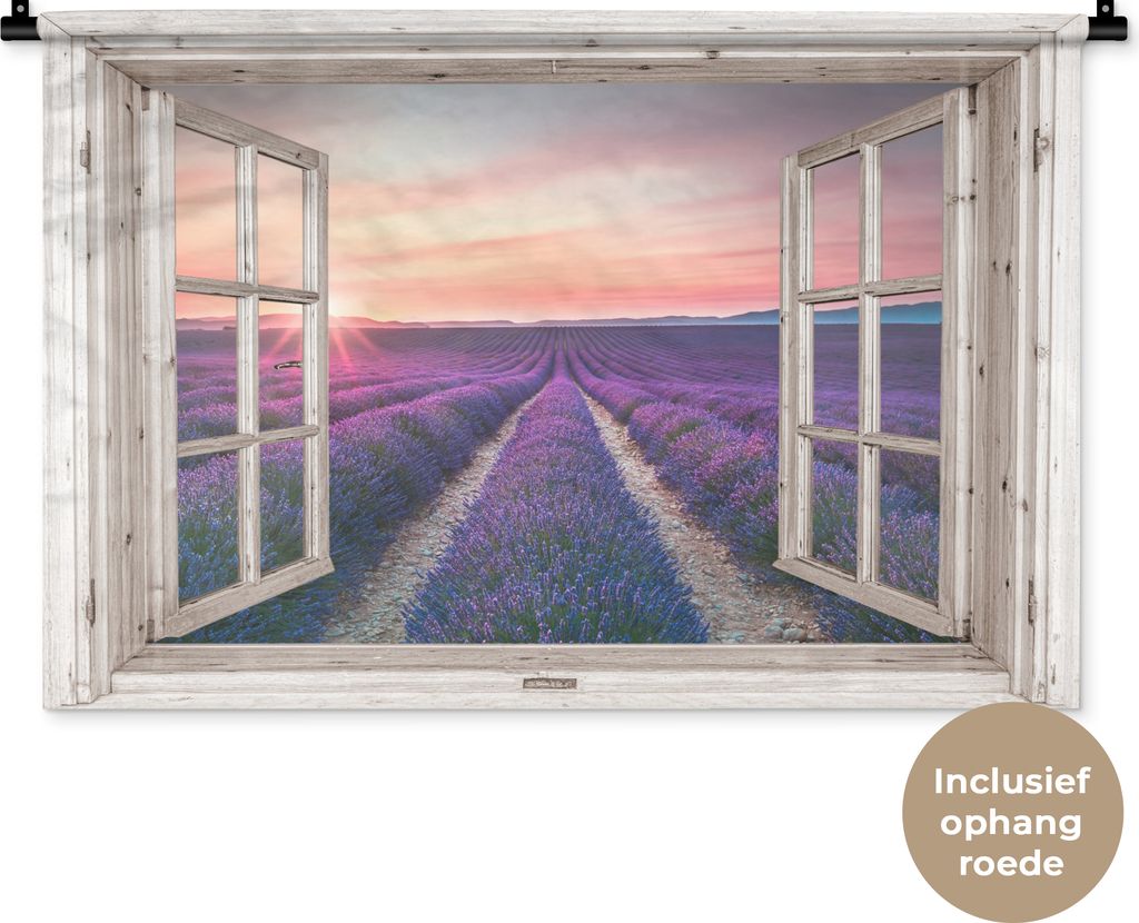 MuchoWow Wandteppich Wandbehang Durchsichtig - Lavendel - Blumen - Holz - Sonnenuntergang - Lila 90x60 cm Tapisserie Dekoration Wandtuch - Wandsk...