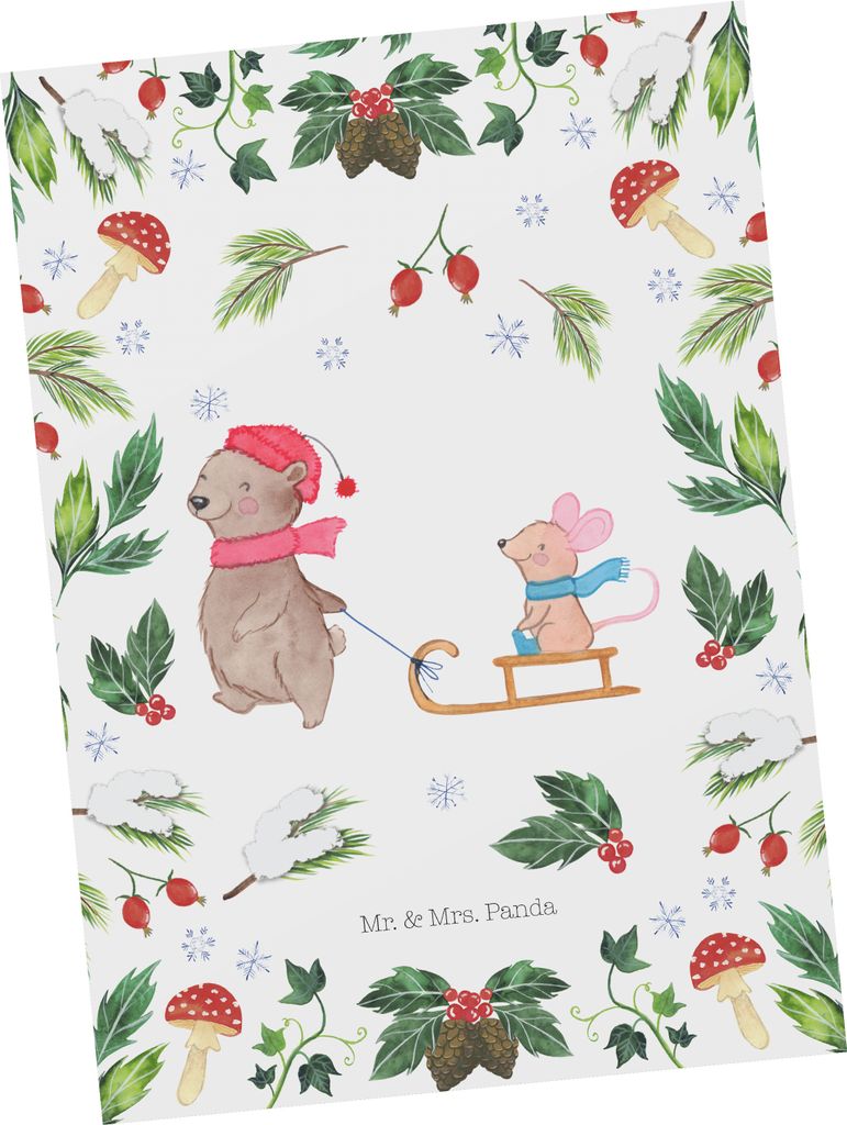 Mr. & Mrs. Panda Postkarte Bär und Maus Schlitten - Weiß - Geschenk, Weihnachten, Ansichtskarten, Grußkarte, Ansichtskarte, Postkarten, Fotokarte