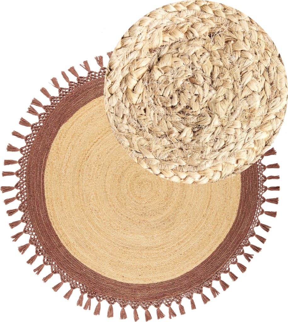 BELIANI Teppich Beige und Braun Jute Rund ø 140 cm mit Fransen Boho Rustikal Spiralform Geflochten Handgefertigt Natürlich Schlafzimmer Wohnzimmer