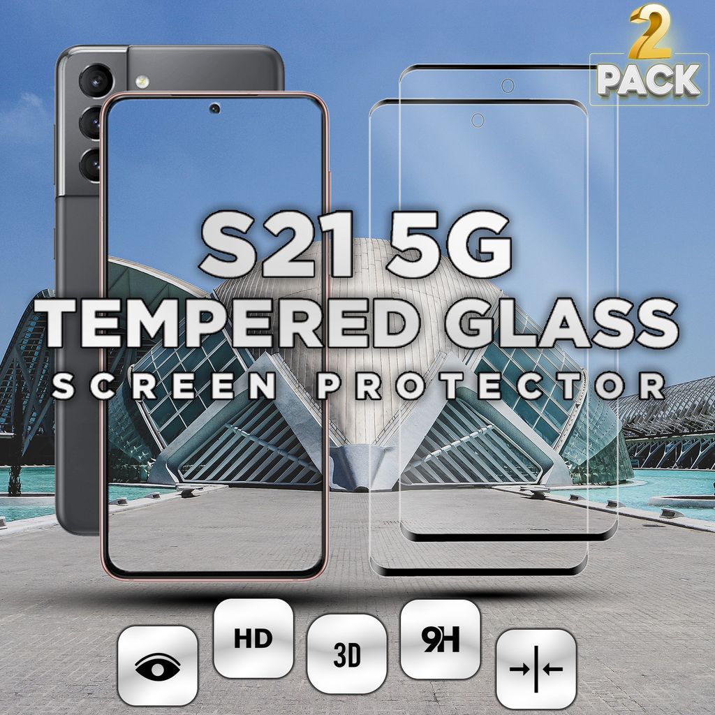 A Samsung Galaxy S21 5G phone with two tempered glass screen protectors in front of a modern building.