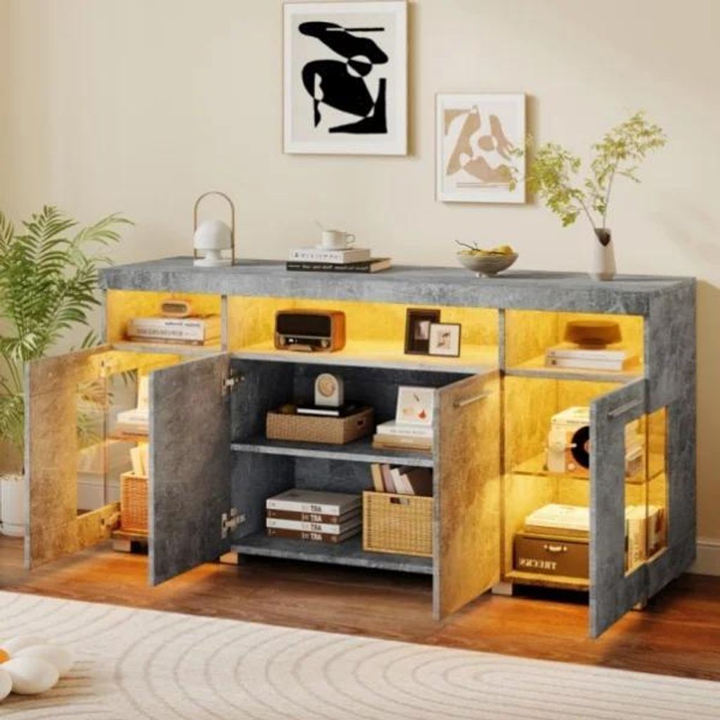 Wohnzimmerschrank - Hochglanz Sideboard - LED Beleuchtung - Sicherheitsglas - 3 Fächer - Freistehend - Hellgrau