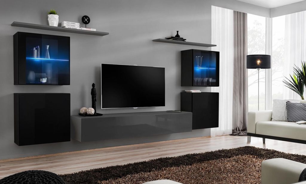 Wohnzimmermöbel Set 7 tlg Designer Luxus Grau Sideboard Wohnwand Neu