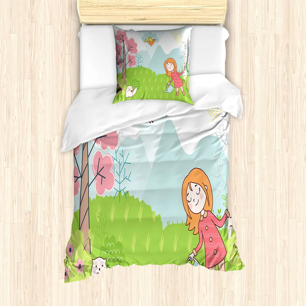 ABAKUHAUS Set copripiumino per lettini singoli, ragazza e animale in legno, antiacaro, adatto a chi soffre di allergie, con federa, 135 cm x 200 cm - 80 x 80 cm, verde lime multicolore