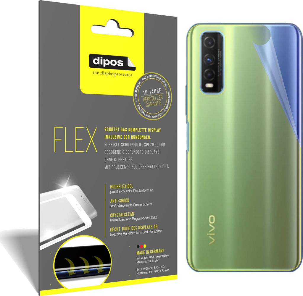2x Schutzfolie für vivo Y50t Rückseite Folie, 100% Displayabdeckung, dipos Flex