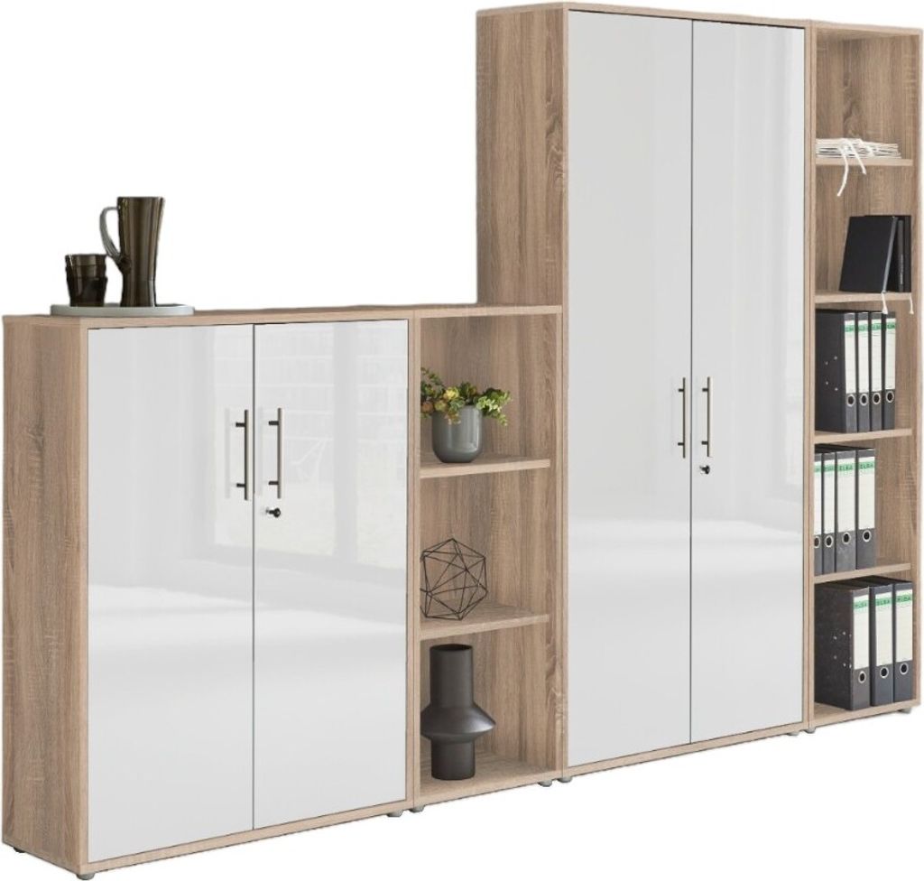 Aktenschrank TABOR 4 in Eiche Sonoma / weiß Hochglanz, Schrankwand, Büroschrank, abschließbar, Metallgriffe