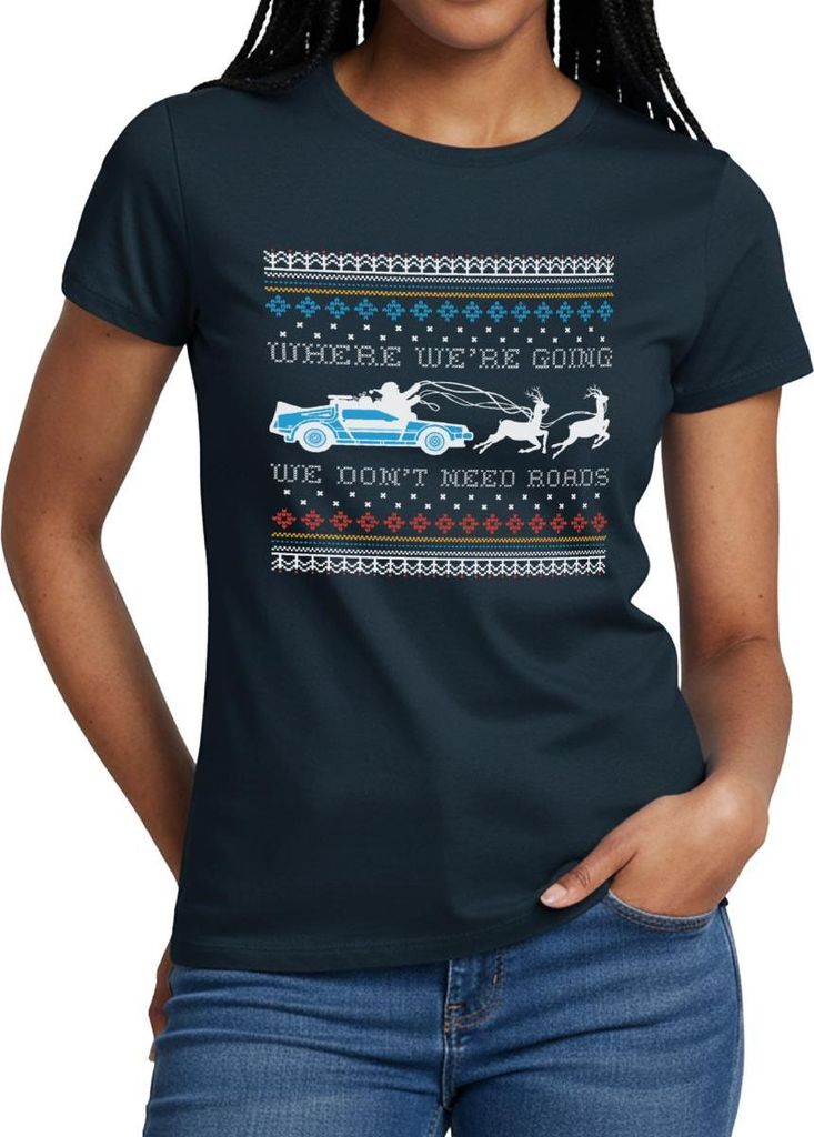 Spreadshirt Zurück In Die Zukunft Lustiger Spruch Ugly Christmas Frauen T-Shirt, S, Navy