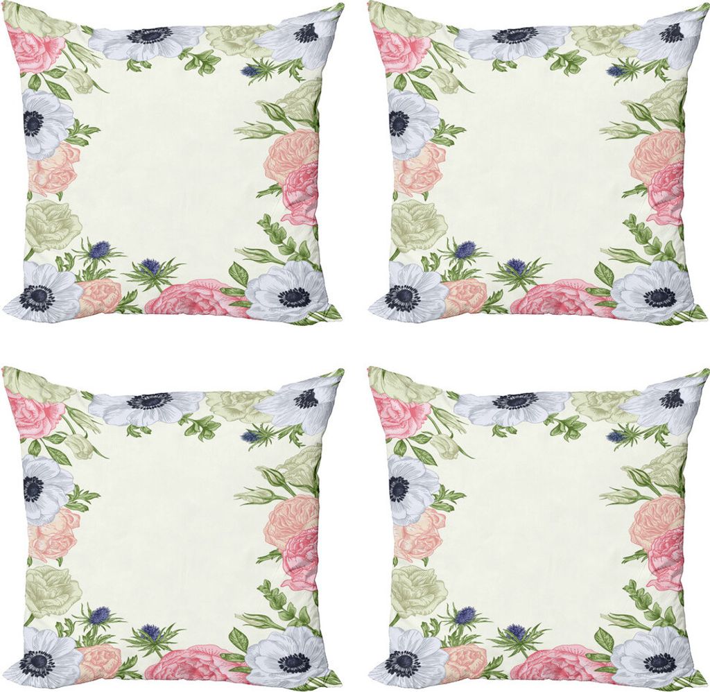 ABAKUHAUS Windröschen Kissenbezug Set (4 Stück), Frühling Natur, Moderner Doppelseitiger Digitaldruck, 40 cm x 40 cm, Pistachio Grün Grau