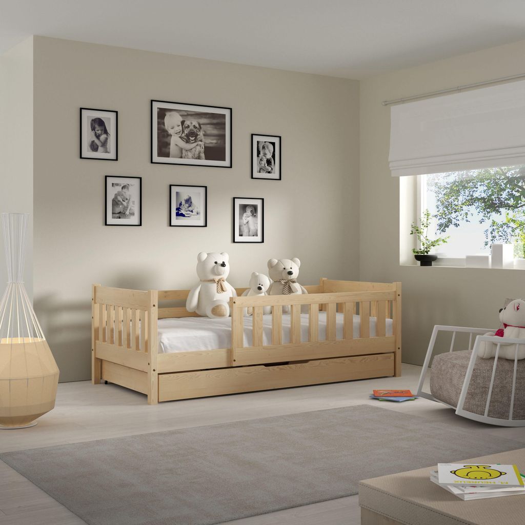 Masseno Kinderbett ELSA 80x190 cm mit Schublade, Rausfallschutz, Einzelbett für Mädchen und Jungs, Kiefernholz