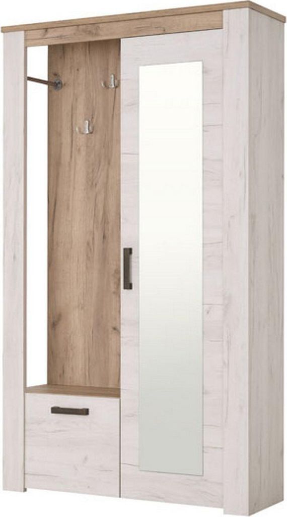 Dmora Flur-Möbel Valva 114x37x195h cm Weiß Lärche, Spiegel Inkl. 5 Fächer