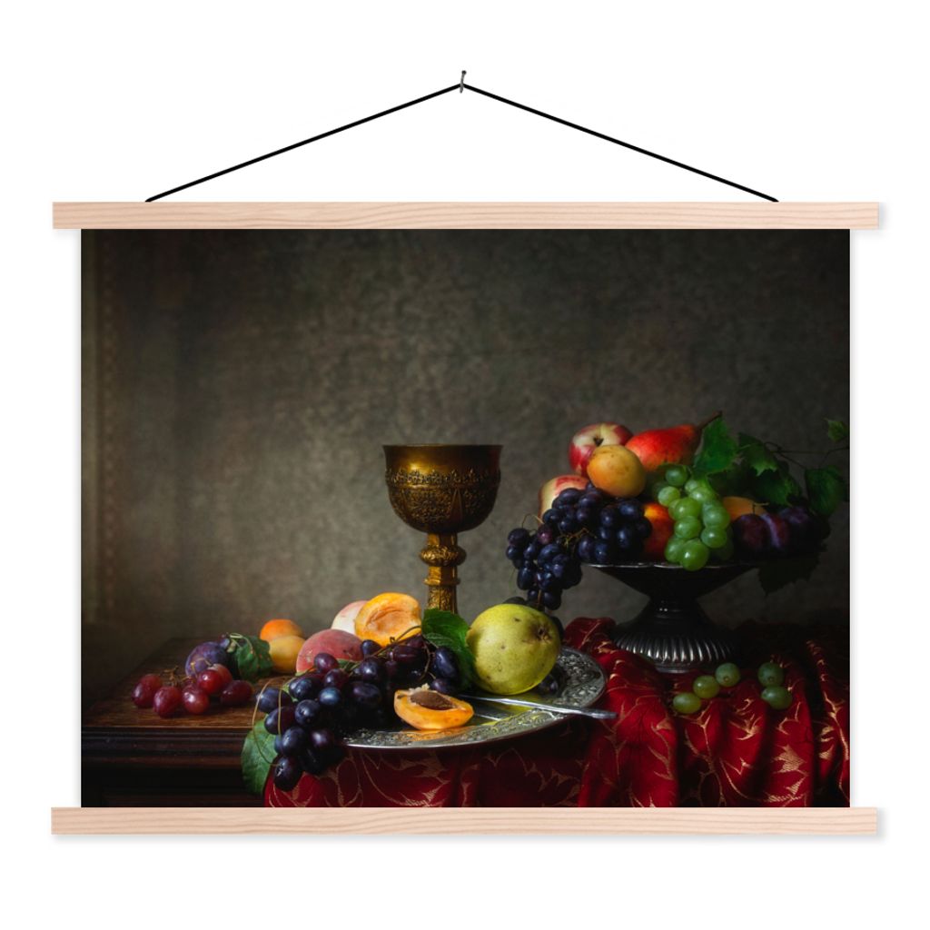 MuchoWow Textilposter Rustikal - Tisch - Obst - Stilleben - Tasse 40x30 cm mit holzfarbenen Rahmen - Bilder