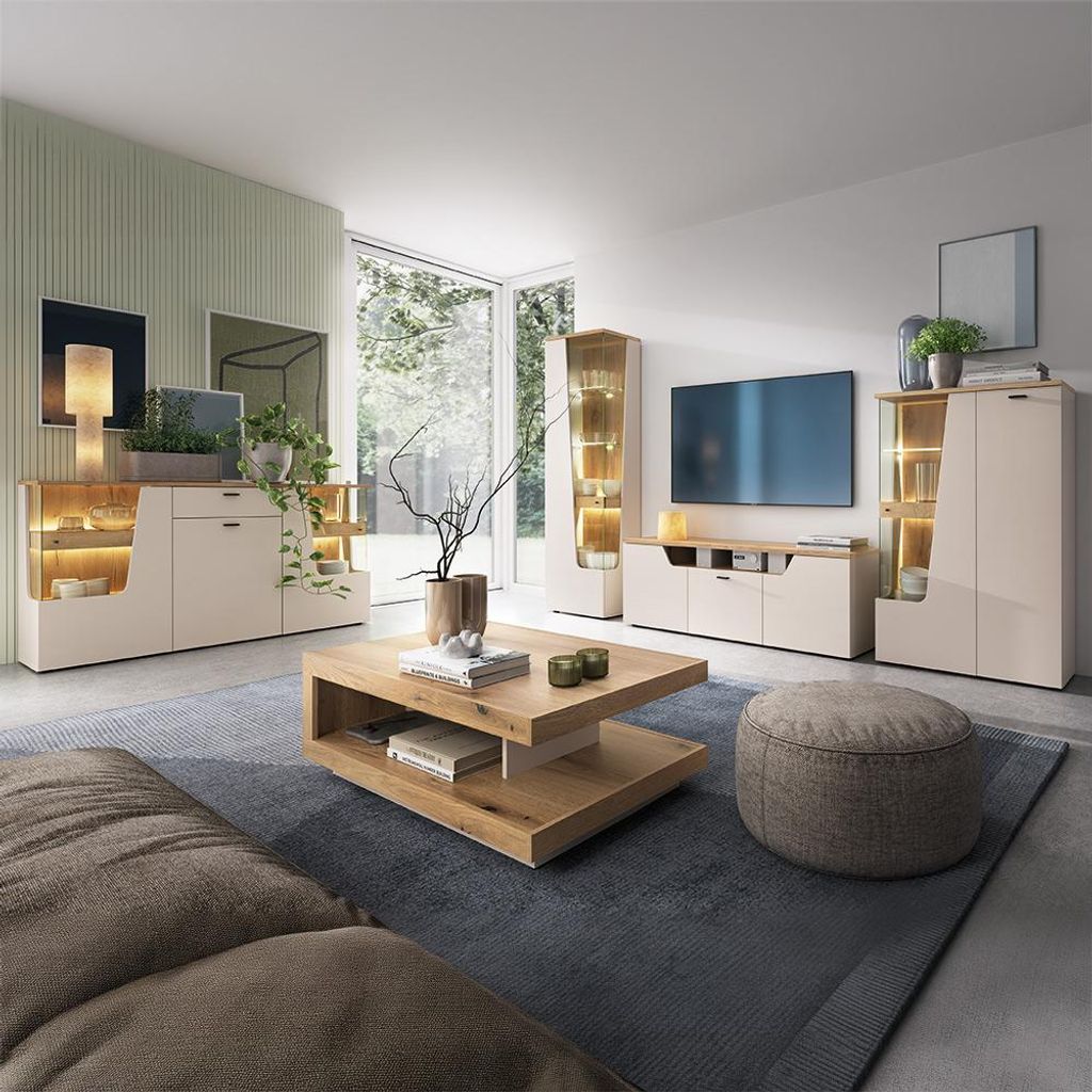 Wohnzimmer-Set in Kaschmir & Eiche mit Sideboard & Couchtisch, 5-teilig - CARMONA-129