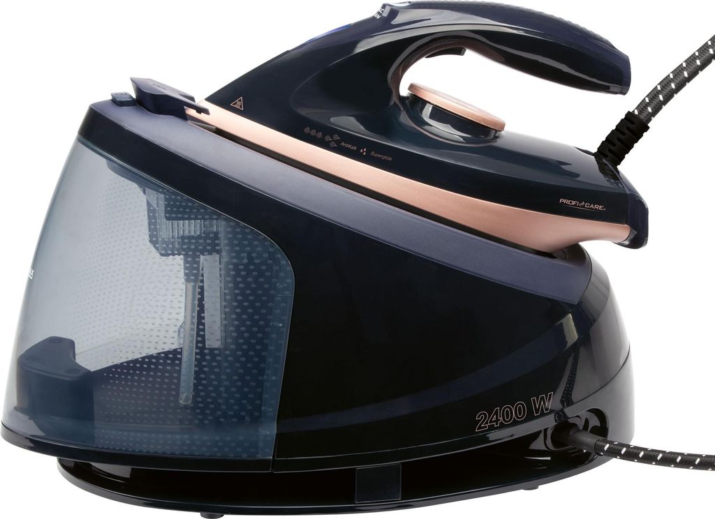 A dark blue and rose gold steam ironing station is shown against a white background.