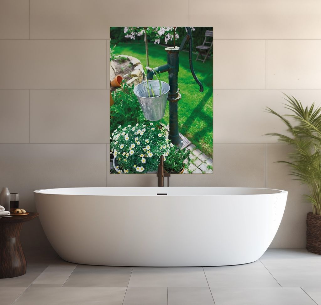 Wallario wasserfestes Poster selbstklebend 70 x 100 cm, Wasserquelle im Garten, Badezimmerposter Spritzschutz mit Hochglanzoberfläche in Glasoptik