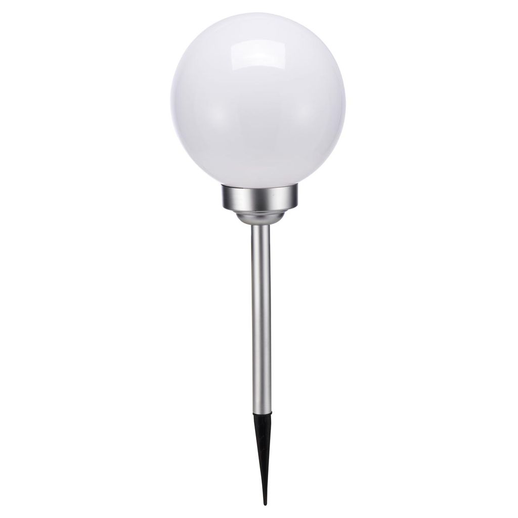 A single solar garden light with a spherical white top and a silver pole with a pointed end.