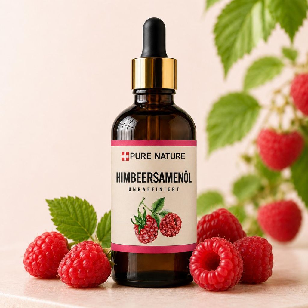 Himbeersamenöl, unraffiniert, naturbelassen, kaltgepresst, Produktbild  KI-generiertes Bild