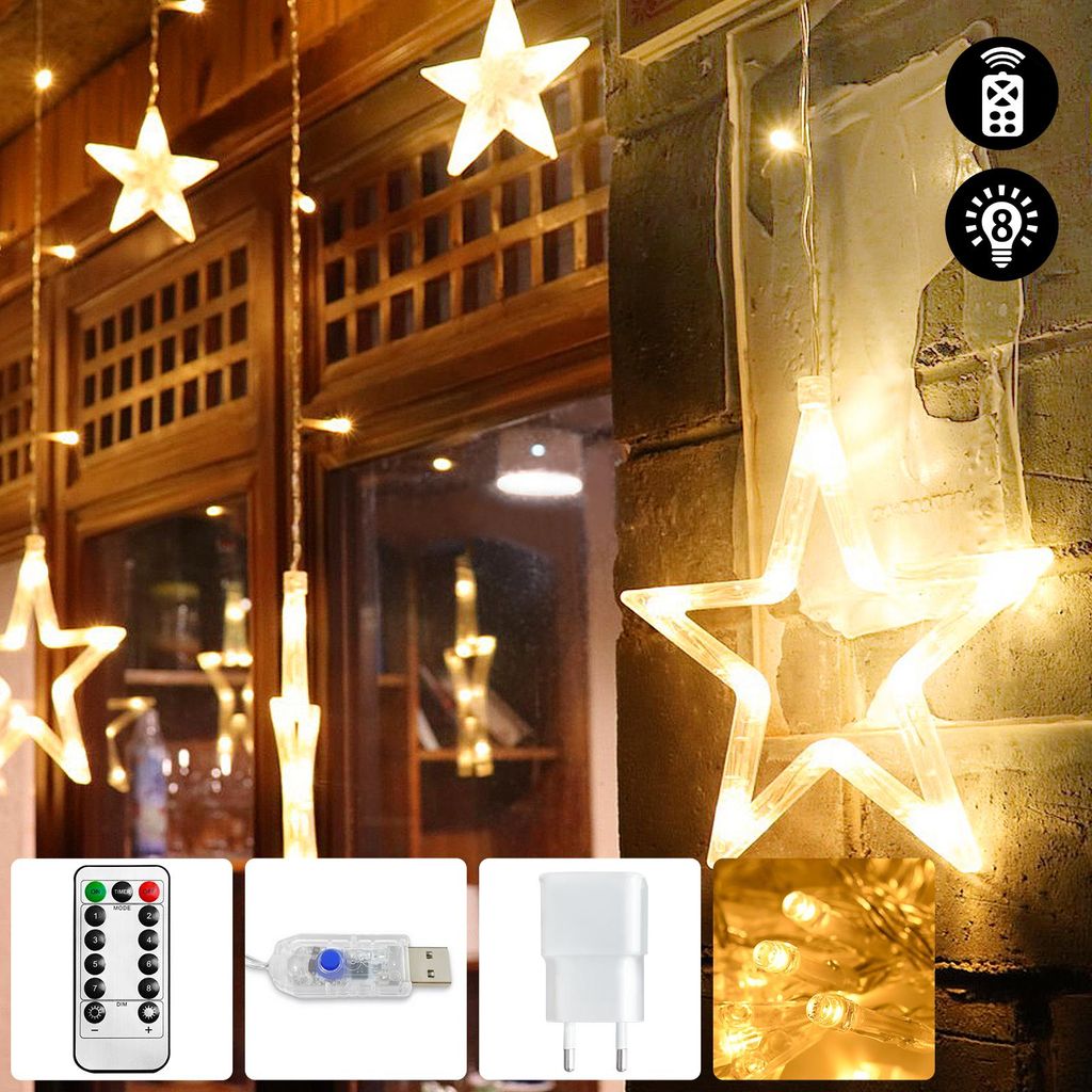 UISEBRT 138 LED Lichtervorhang Warmweiß 3m Innen Dekoration mit Sterne, 8 Modi, Timer & Fernbedienung für Weihnachten, Party, Hochzeit