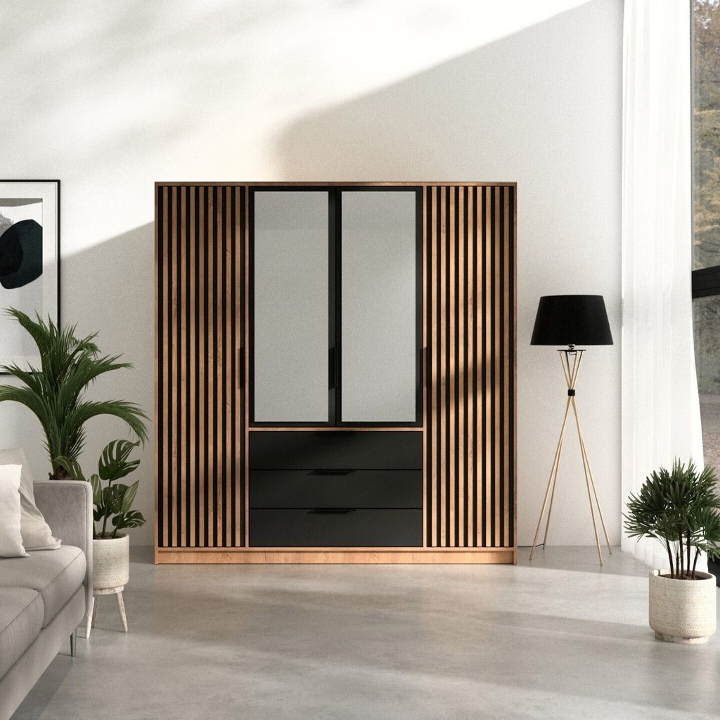 A modern bedroom scene featuring a wardrobe, sofa, and floor lamp.