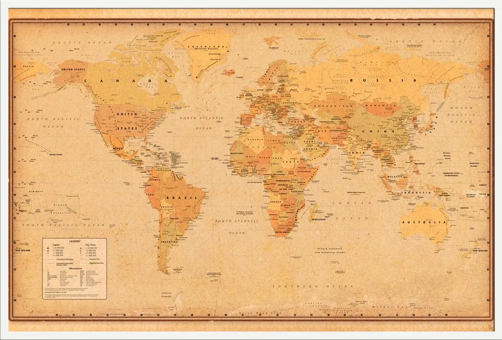 Carte Mondiale Rétro avec Cadre Shinsuke Blanc et Vitre Acrylique 91 cm