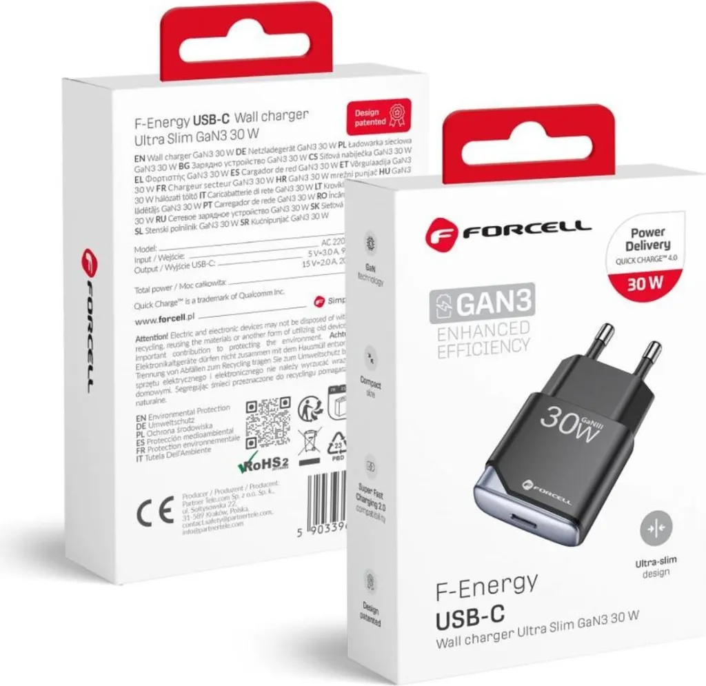Forcell F-Energy GaN III 30W: Caricabatterie Ultra Sottile PD QC4.0 Nero