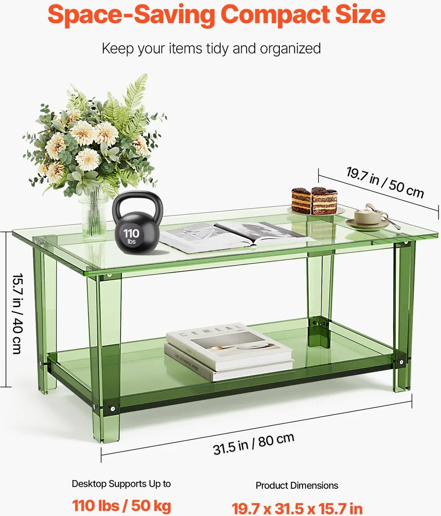 Table basse de salon moderne verte acrylique pour petit espace 80 cm