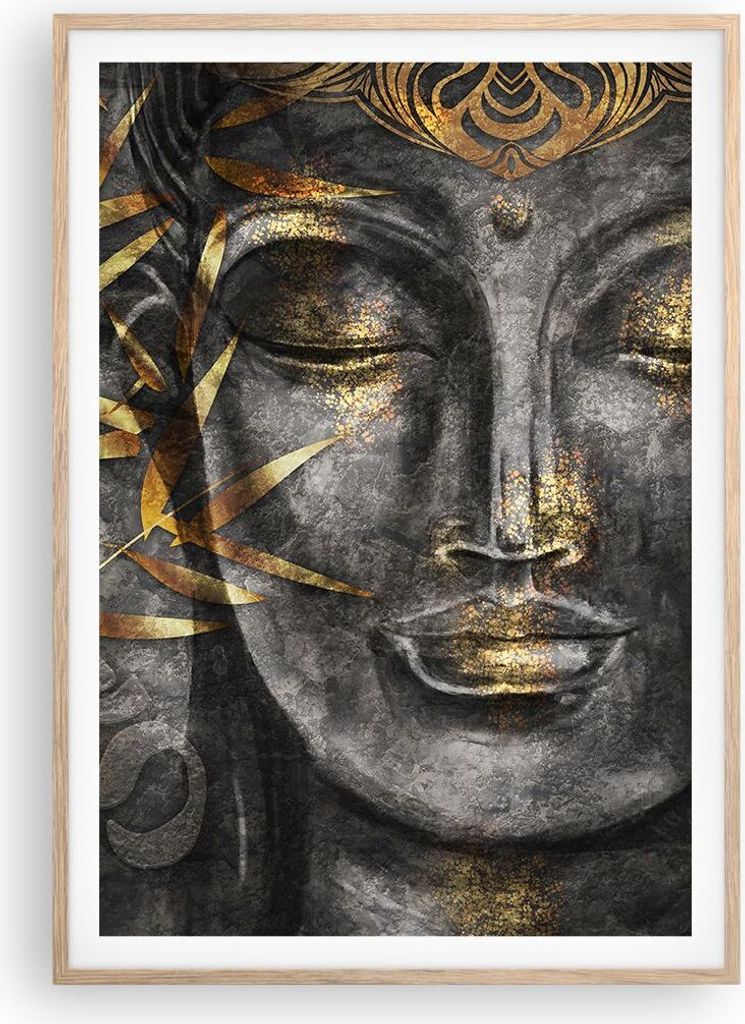 Gerahmtes Poster - Rahmen in heller Eiche - Buddha Gold Bodhisattva - 70x100 cm - Wand Bild - Wanddeko - Wandbilder - Kunstposter - Wandposter - Bi...