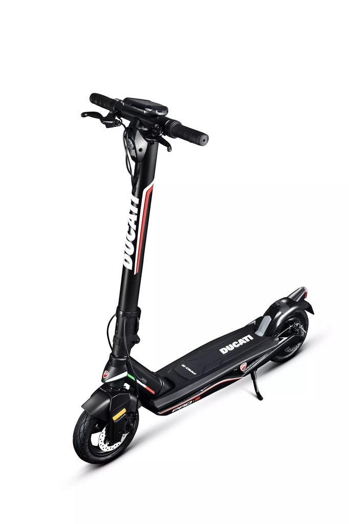 A black Ducati electric scooter is shown against a white background.