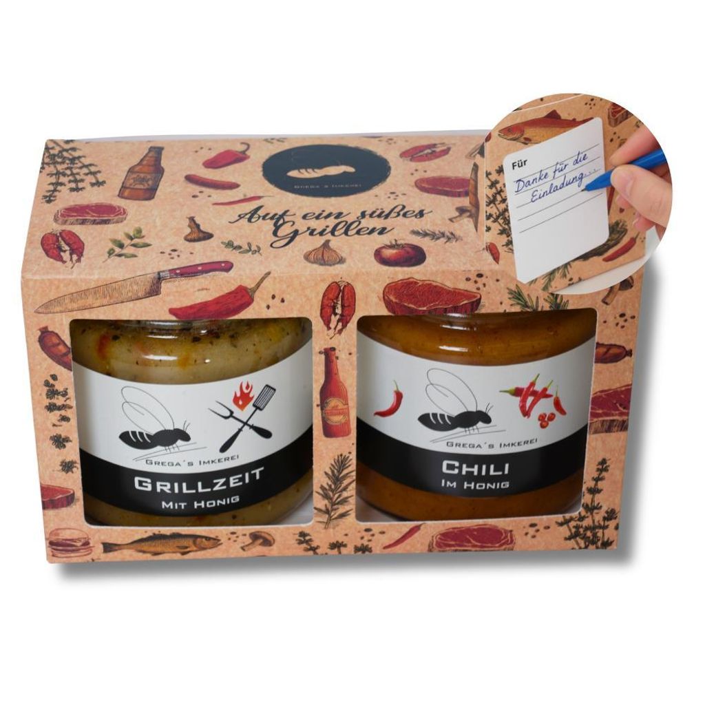 Grill Honigsüße Geschenk Box 2er Set | Grillzeit & Chili im Honig je 250g | Gastgeschenk mit Grußfeld | Grega's Imkerei