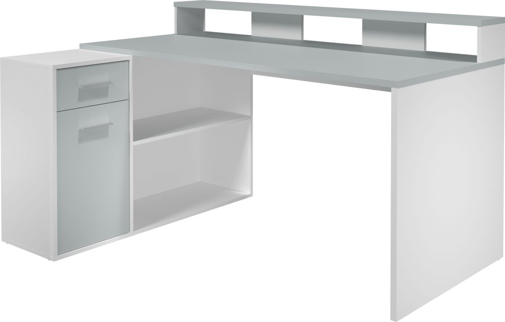 A modern white and gray desk with shelving and drawers.