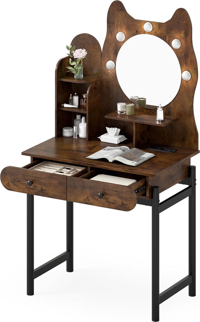 A vanity table with a mirror and lights, designed in a cat shape.