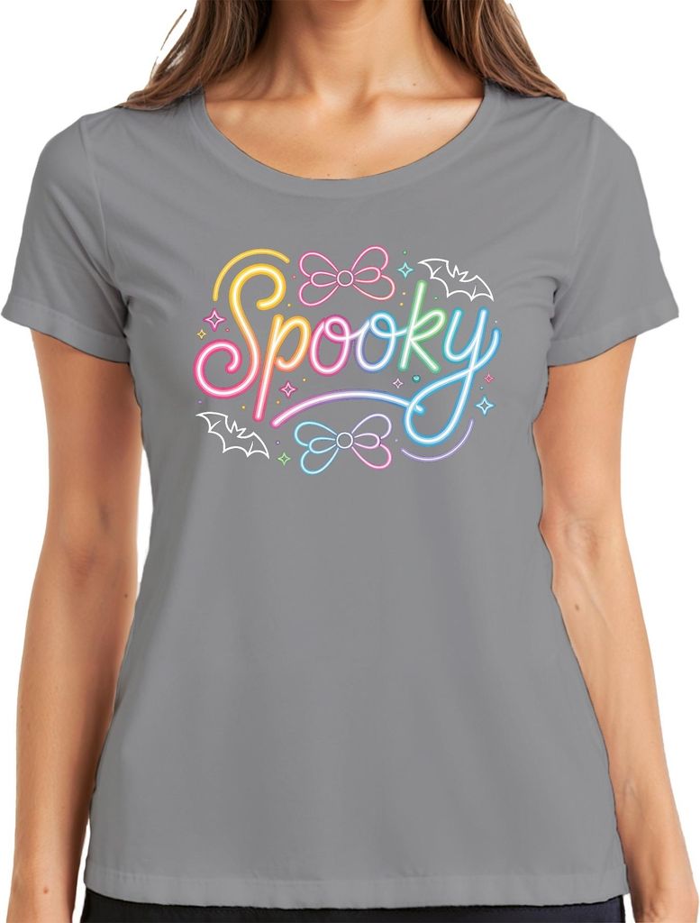 Spooky Halloween Neon Pastell Fledermaus Schleife Niedlich Kawaii Damen T-Shirt, Grau, 3XL